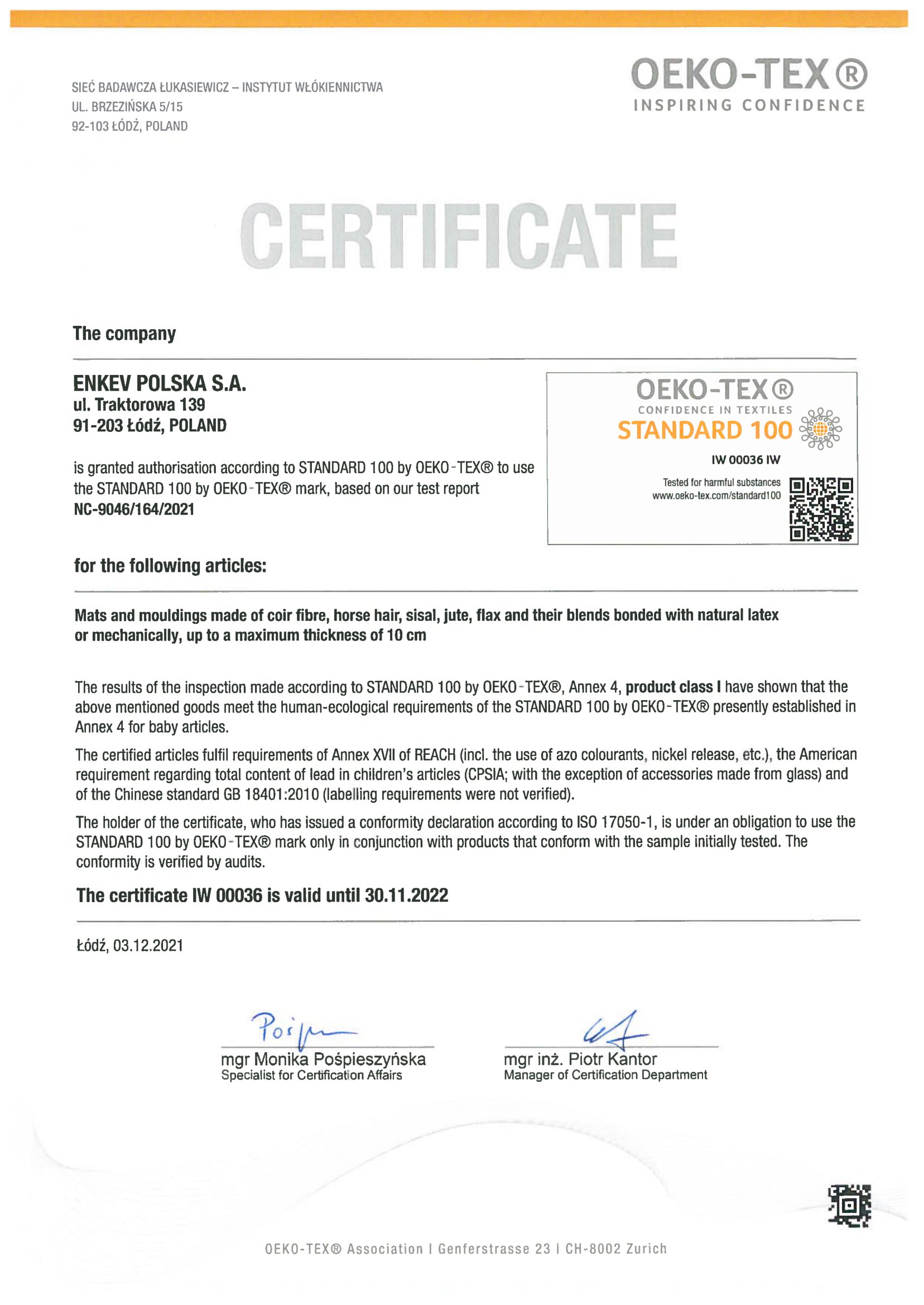 Certificate Oekotex ENKEV POLSKA